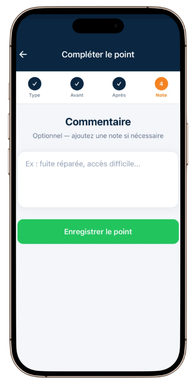 Étape 4 — Note : Commentaire optionnel et enregistrement