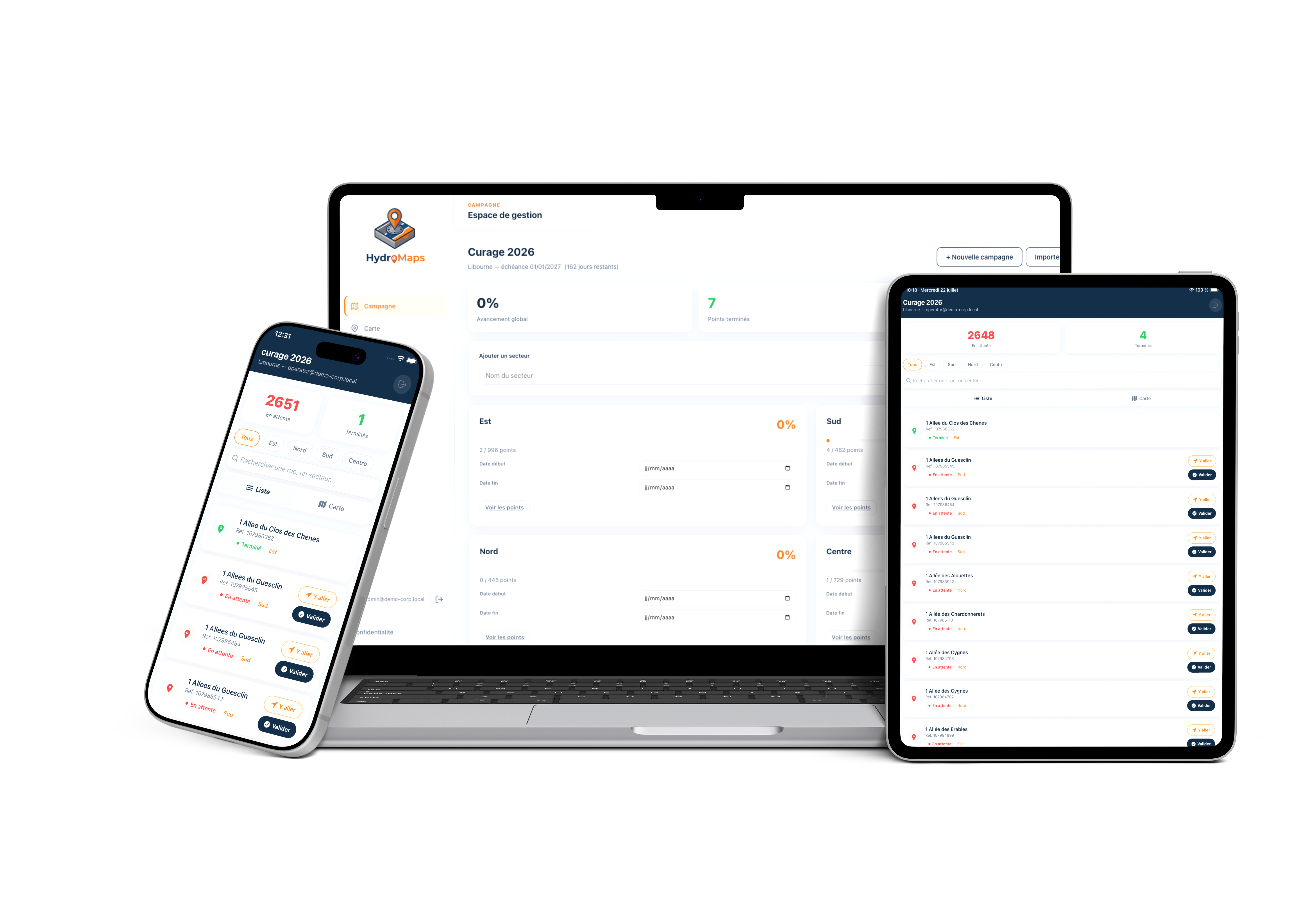 HydroMaps sur smartphone, ordinateur et tablette — application mobile et dashboard